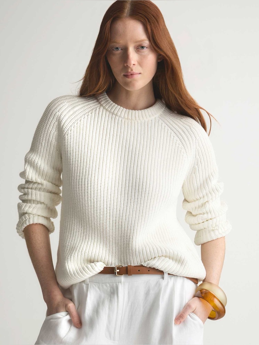 Quince 100% Organic Cotton Fishermans Crew Sweater in Ivory White, size XS